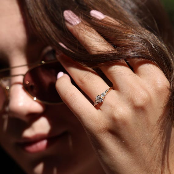 3 Stone Moissanite Engagement Ring 14K Gold Pear Side Stone Ring Classic Three Stone Diamond Ring Dainty Bridal Wedding Ring for Her