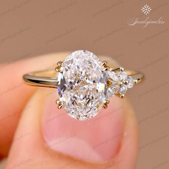 3CT Oval Moissanite Engagement Ring Floral Side Stones 14K Yellow Gold Solitaire Ring Unique Anniversary Ring Promise Ring for Her