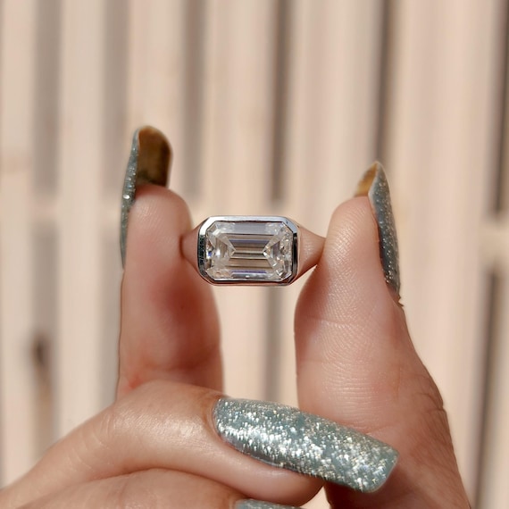 East West Emerald Cut Moissanite Engagement Ring Full Bezel Ring 14k White Gold Solitaire Ring Wedding Ring Anniversary Gifts For Women