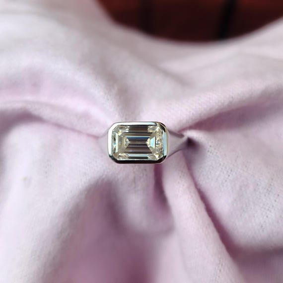East West Emerald Cut Moissanite Engagement Ring Full Bezel Ring 14k White Gold Solitaire Ring Wedding Ring Anniversary Gifts For Women