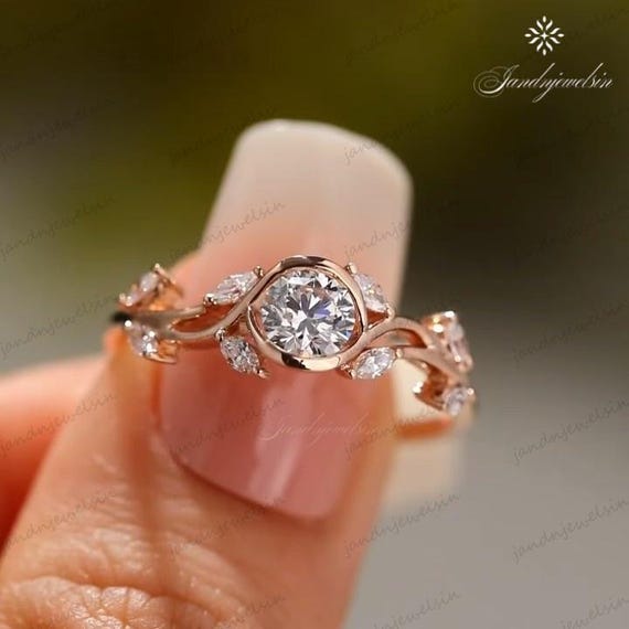 Floral Marquise Moissanite Engagement Ring Round Cut Ring Vintage Inspired 14K Rose Gold Wedding Ring Anniversary Ring Proposal Ring