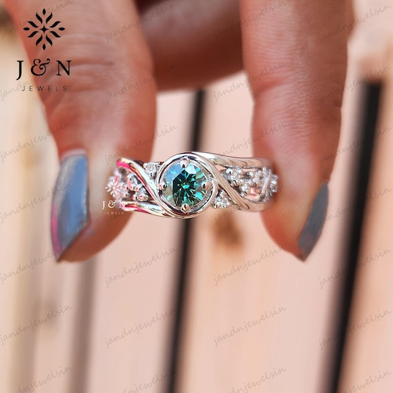 Cyan Blue Moissanite Engagement Ring Vintage 14K Gold Infinity Wedding Ring