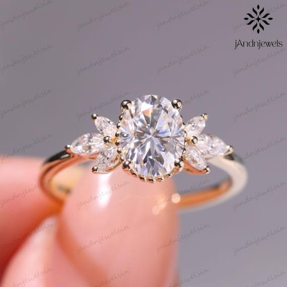 3CT Oval Moissanite Engagement Ring Floral Cluster Ring 14K Gold Ring Wedding Ring Anniversary Ring Promise Ring for Her