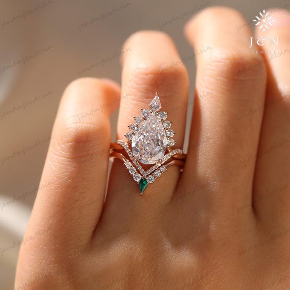 3CT Pear Moissanite Engagement Ring Set 14K Gold Ring Bridal Set Nature Inspired Floral Wedding Ring Unique Promise Ring Anniversary Gifts