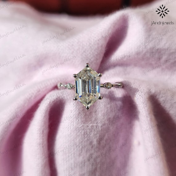 2CT Hexagon Cut Moissanite Engagement Ring Distance Pave Band 14K Gold Ring  Promise Ring Hexagon Diamond Ring Anniversary Ring For Women