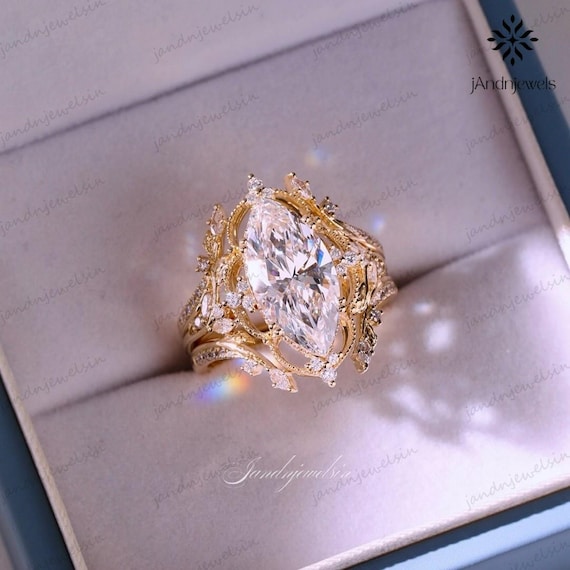 Art Deco Marquise Cut Moissanite Engagement Ring With Enhancer Bands 14K Gold Vintage Floral Halo Wedding Ring Set Anniversary Gift For Her