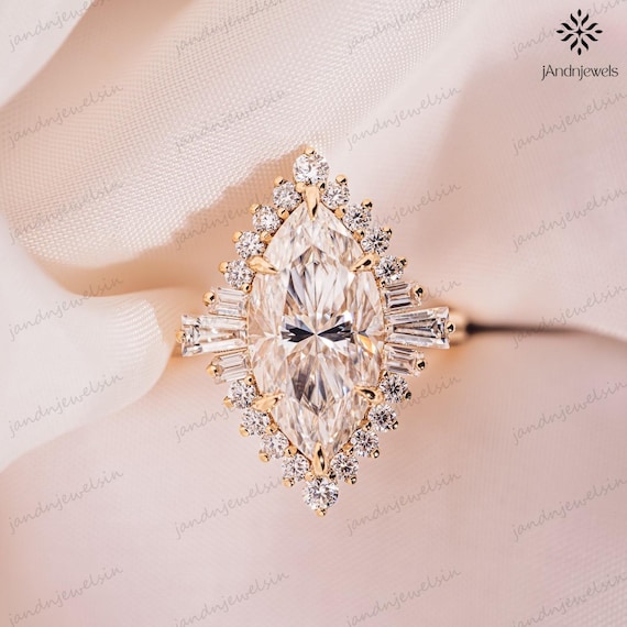 2.5CT Marquise Cut Moissanite Engagement Ring 14K Gold Starburst Halo Ring Vintage Baguette Cluster Bridal Ring Wedding Anniversary Gift