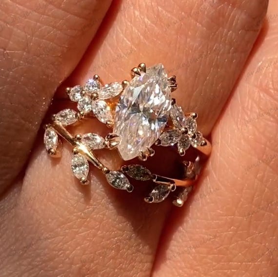Marquise Moissanite Ring Floral Engagement Ring Nature-Inspired Wedding Band Bridal Set 14k Rose Gold Moissanite Ring Unique Promise Ring