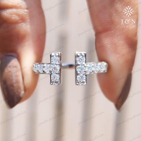 Open Shank T-Shaped Moissanite Diamond Band 14K Solid Gold Pave Ring Unique Modern Stacking Band Dainty Diamond Ring Minimalist Jewelry Gift