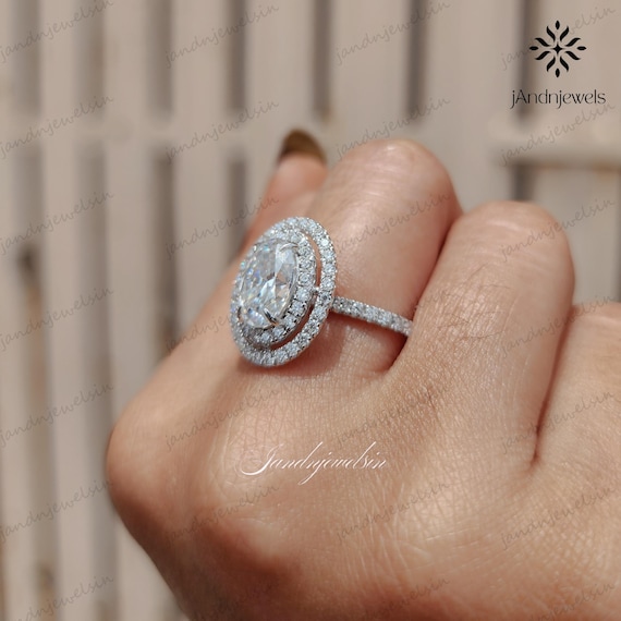 Double Halo Oval Moissanite Engagement Ring Unique Halo Ring Ring Wedding Pave Band 14K White Gold Ring Anniversary gift For Women