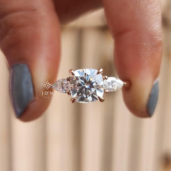 Cushion Cut Moissanite Engagement Ring Three Stone Pear Side Stone Ring Trilogy Ring 14K Solid Gold Ring Promise Ring Anniversary Gift