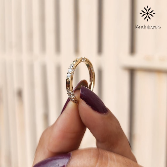 Art Deco Diamond Wedding Band Vintage 14K Yellow Gold Band, Unique Wedding Band Stacking Matching Band Anniversary Rings for Women