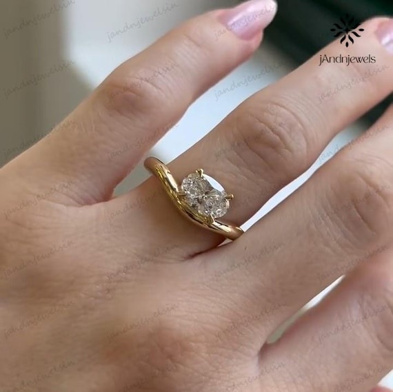 18K Yellow Gold East West Oval Curved Moissanite Engagement Ring Prong Set Stacking Ring Solitaire Handmade Jewelry for Her