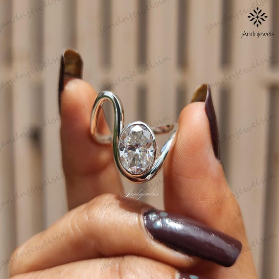 Oval Moissanite Bypass Engagement Ring Bezel Set Modern Minimalist Solitaire in 14K White Gold Unique Contemporary Curved Band Wedding Gift