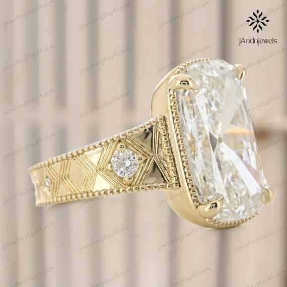 5CT Old Mine Cushion Moissanite Ring 14K Gold Bezel Set Engagement Ring Antique Milgrain Band Vintage Wedding Ring Art Deco Ring For Women