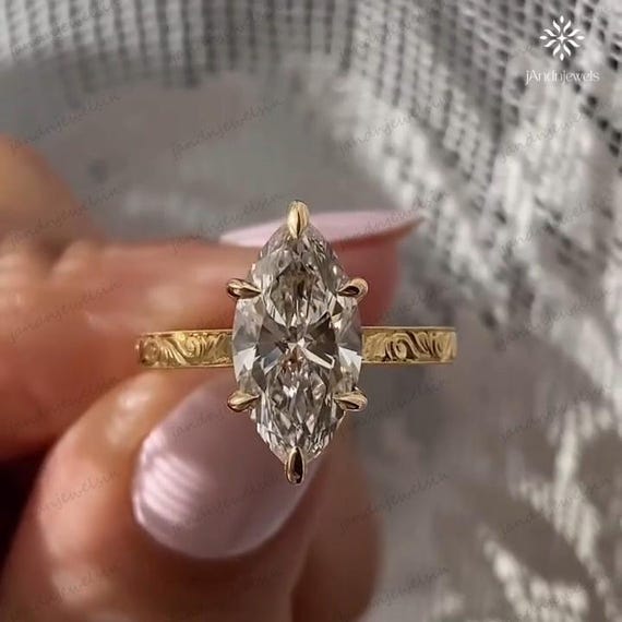 3CT Marquise Cut Moissanite Engagement Ring Vintage Engraved 14K Yellow Gold Six Prong Solitaire Art Deco Bridal Ring for Her