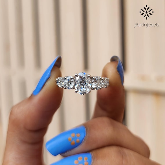 7 Stone Oval Moissanite Engagement Ring 14K White Gold Anniversary Band Vintage Wedding Ring Unique Bridal Ring for Women Promise Ring