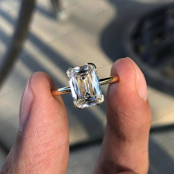 Criss Cut Moissanite Engagement Ring 14k Gold Solitaire Hidden Halo Ring Unique Bridal Ring Vintage Ring Classic Wedding Ring Gift for Her