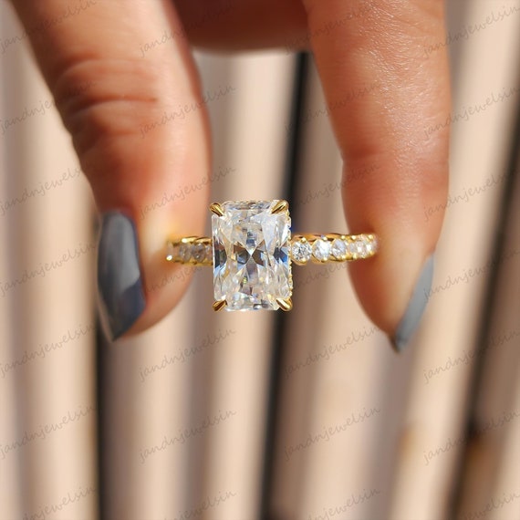 Radiant Cut Moissanite Engagement Ring 14K Gold Hidden Halo Diamond Ring Unique Bridal Wedding Anniversary Ring for Women