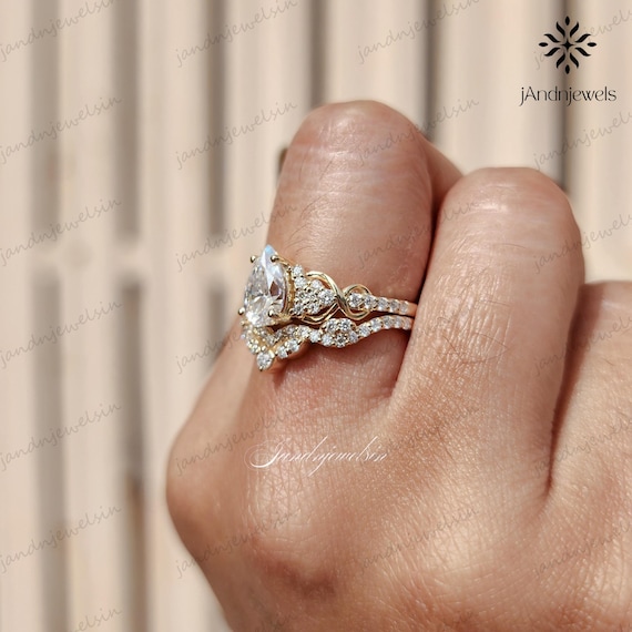 2CT Pear Moissanite Engagement Bridal Ring Set 14K Solid Gold Floral Nature Inspired Wedding Ring Set Promise Anniversary Gifts
