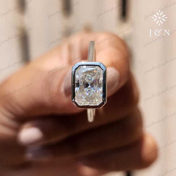 East West Radiant Cut Moissanite Engagement Ring 14K Gold Bezel Set Solitaire Cathedral Wedding Ring Anniversary Gift For Her