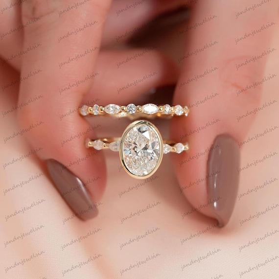 2CT Oval Cut Bezel Moissanite Engagement Ring Set Vintage Wedding Ring Set with Side Stone Marquise & Round Matching Band Stacking Ring Set