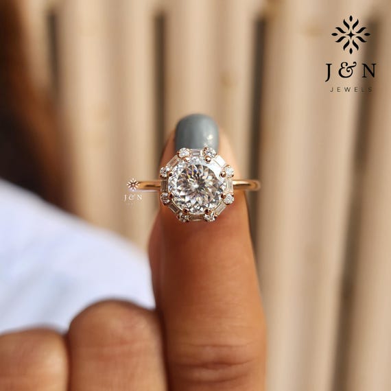 Unique Engagement Ring 3CT Portuguese Cut Moissanite Ring Baguette Halo Ring | Vintage Style Wedding Ring Anniversary Gift For Her