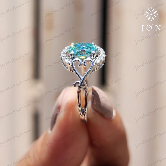 Cyan Blue Moissanite Engagement Ring Art Deco Oval Cut Wedding Ring Twisted Band Solid Gold Halo Ring Oval Cut Diamond Anniversary Gifts