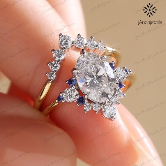 3CT Oval Moissanite Engagement Ring Set Starburst Halo Diamond Ring Set Blue Sapphire Accents Ring 14K Gold Ring Set Vintage Wedding Ring