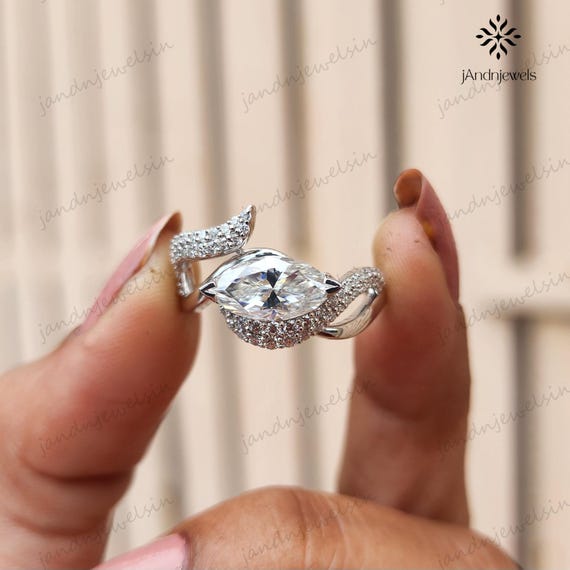 2CT Marquise Cut Moissanite Engagement Ring 14K Solid Gold Swirl Pave Statement Cocktail Ring Unique Wedding Ring for Her