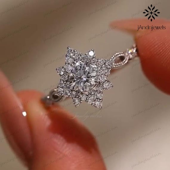 Starburst Moissanite Engagement Ring 3CT Round Cut Floral Halo Vintage Inspired Milgrain Band 14K Wedding Ring Unique Art Deco Bridal Ring