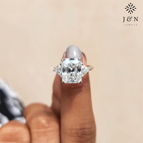 Three Stone Radiant Cut Moissanite Engagement Ring Unique Setting Ring 14K Solid Gold Ring 3 Stone Ring Side Stone Trapezoid Promise Ring