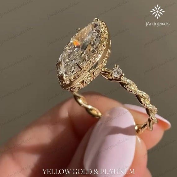 Vintage 3 CT Marquise Cut Moissanite Engagement Ring Tulip Set Hidden Halo Ring 14K Gold Nature Inspired Ring Art Deco Wedding Rings For Her