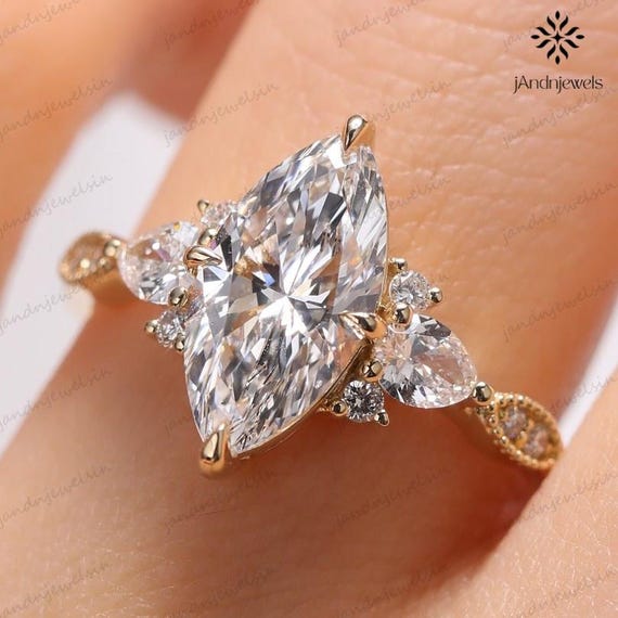 2.5CT Marquise Cut Moissanite Engagement Ring 14K Gold Pear Side Stone Ring Milgrain Band Marquise Diamond Wedding Ring Anniversary Gift