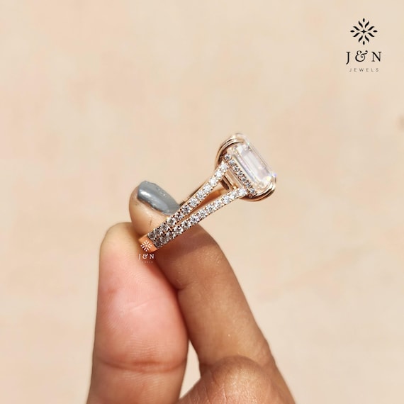 5CT Emerald Cut Moissanite Engagement Ring Double Prong Split Shank Pave Band 14K Solid Gold Cathedral Ring Anniversary Gift