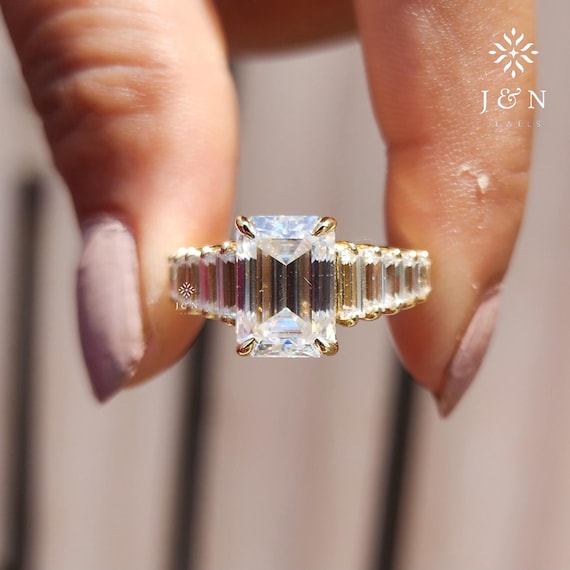 Emerald Cut Moissanite Engagement Ring 14K Yellow Gold with Baguette Side Stones Art Deco Wedding Ring Vintage Style Promise Ring for Her