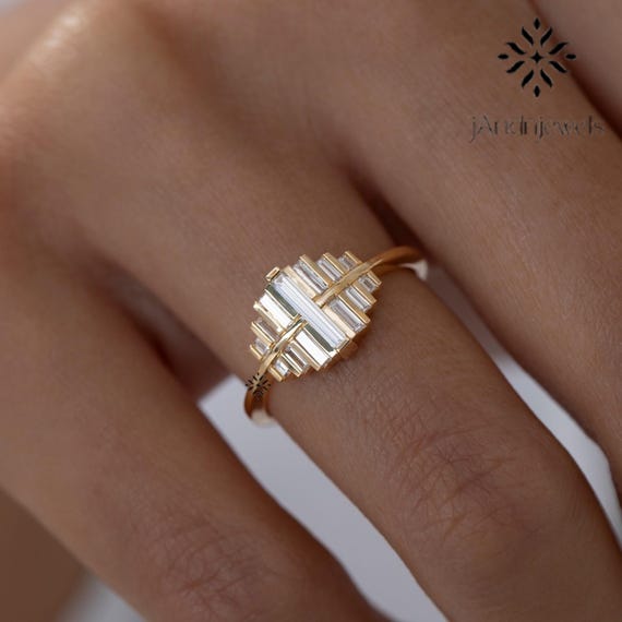 2TCW Baguette Cut Moissanite Engagement Ring 18K Solid Gold Minimalist Statement Wedding Ring Unique Anniversary Gift Ring