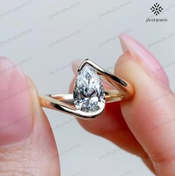 2CT Pear Cut Moissanite Engagement Ring Bezel Set Solitaire Ring 14K Yellow Gold Bypass Bridal Ring  Unique Wedding Ring Anniversary Gifts