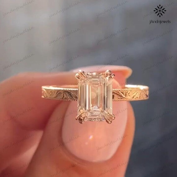 3CT Emerald Cut Moissanite Engagement Ring 14K Gold Vintage Engraved Band Solitaire Ring Wedding Ring Unique Bridal Promise Ring For Him
