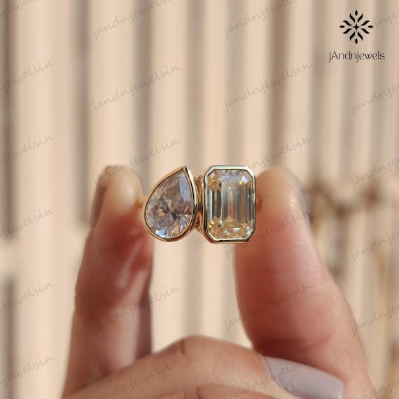 Toi Et Moi Moissanite Ring Bezel Set Emerald & Pear Two Stone Engagement Ring Yellow Moissanite Unique Anniversary Gift Promise Ring for Her