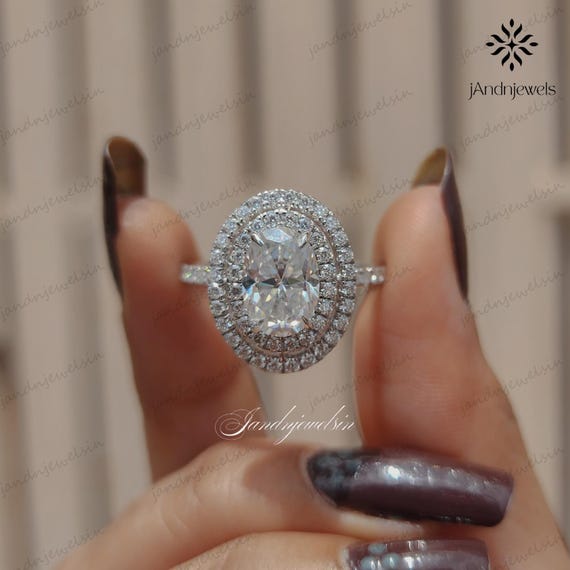 2.5CT Oval Halo Moissanite Engagement Ring Double Halo Ring Oval Cut Moissanite Ring Promise Ring Wedding Ring 14K White Gold Ring for Women