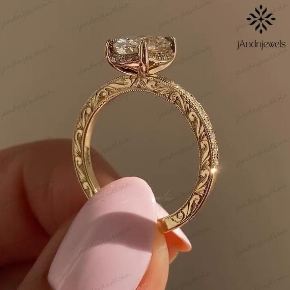 Oval Moissanite Engagement Ring Vintage Engraved Gold Ring Solitaire Oval Diamond Ring Promise Ring Wedding Proposal Ring  Anniversary Ring