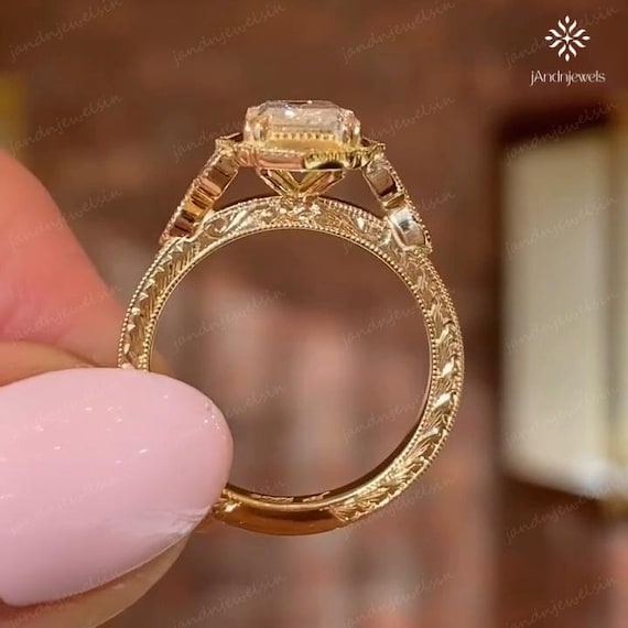 2.5CT Emerald Moissanite Engagement Ring, 14K Gold Art Deco Milgrain Ring