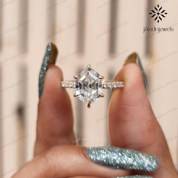 Hexagon Cut Moissanite Engagement Ring 18K Yellow Gold Pave Band Vintage Inspired Solitaire Ring Bridal Ring Anniversary Gift Wedding Ring