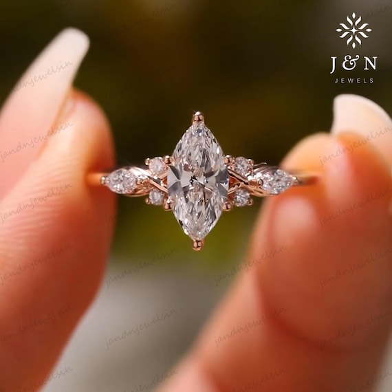 2CT Marquise Cut Moissanite Engagement Ring Set Marquise Cluster Ring Set 14K Gold Bridal Ring Wedding Ring Unique Anniversary Rings