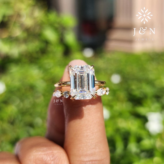 4CT Emerald Cut Moissanite Diamond Engagement Ring Set Bridal Ring Set Proposal Ring Unique Ring Diamond Ring 14K Solid Gold Wedding Ring