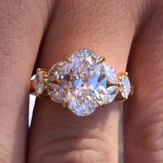 Oval Moissanite Engagement Ring 14k Yellow Gold Wedding Ring Vintage Style Handmade Side Stone Marquise Cut Promise Ring Anniversary Gifts