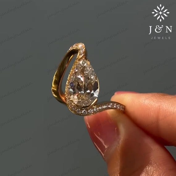 2.5CT Pear Cut Curved Moissanite Engagement Ring 14k Gold Pave Band Solitaire Ring Unique Wedding Ring For Her Anniversary Gift For Women