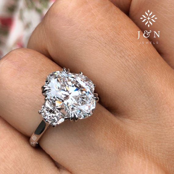 4CT Oval Moissanite Engagement Ring Three Stone Diamond Ring 14K Gold Half Moon Side Stone Wedding Ring Anniversary Ring for Her