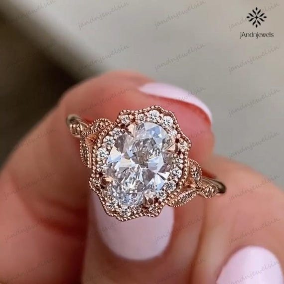 2.5CT Oval Cut Moissanite Engagement Ring 14K Rose Gold Cathedral Halo Ring Vintage Filigree Art Deco Bridal Ring Wedding Ring For Her